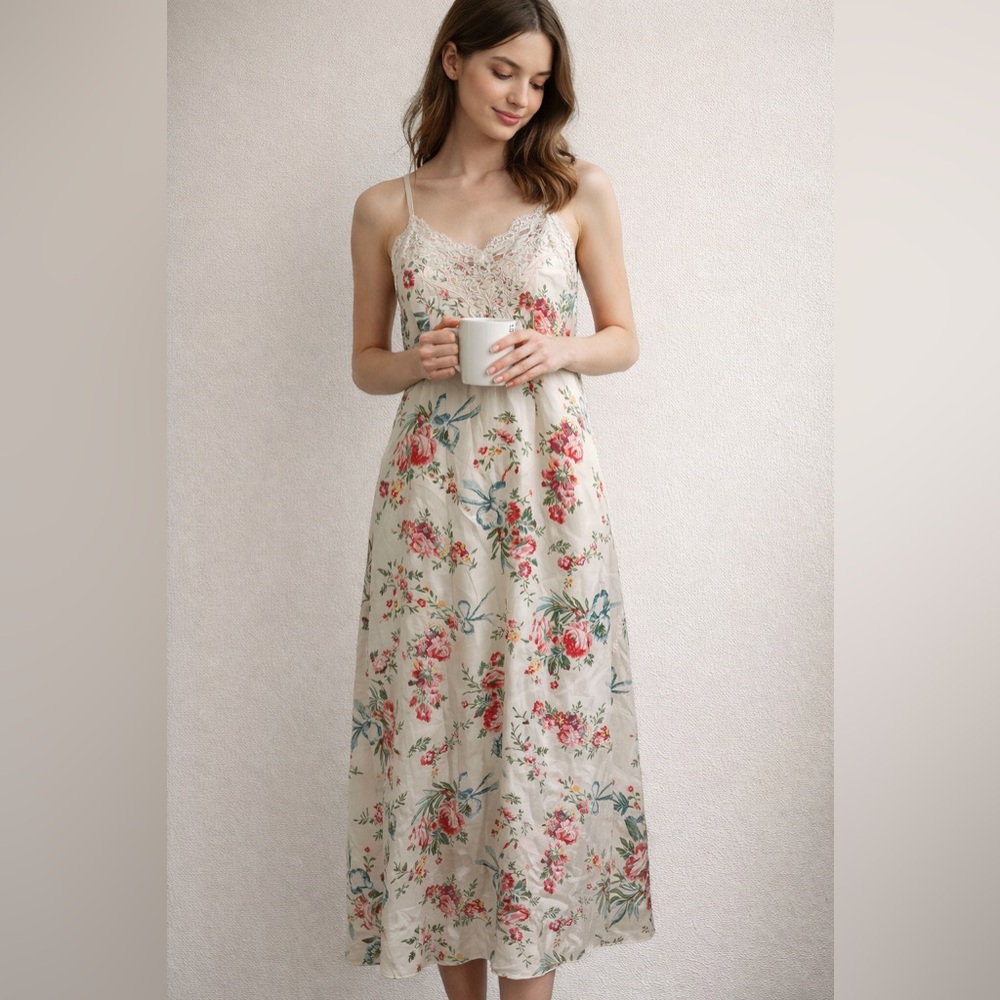 Natori Cream Slip Dress Nightgown with Pink & Green Floral Print‎ Medium